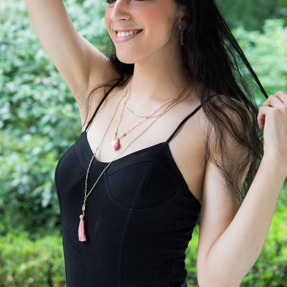 ANJU Sachi Layered Necklace • Beads, Shell & Tassels, 19″ + 3″ Extender